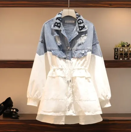

Denim Patchwork Women's Windbreaker Lapel Lantern Sleeve Color Drawstring Plus Size Coat Female 2020 Autumn Fashion