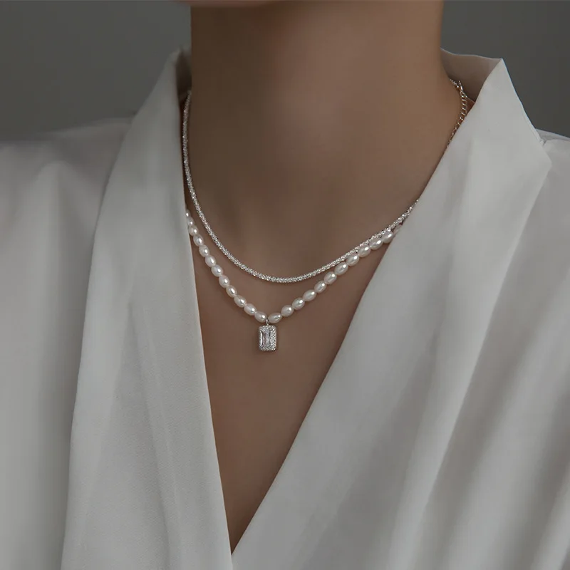 

Korean 925 Sterling Silver Necklace Square Zircon Pendant Pearl Chain Necklace For Women Fine Jewelry 2021 Trend Choker Charms
