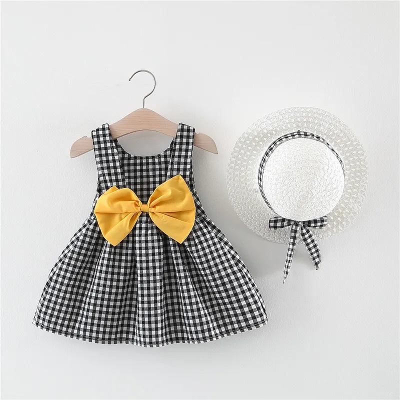 

2PCS/Set Girls' Dress + Hat Cotton Comfortable Children's Dresses 2021 Summer Dresses Plaid Girls' Sleeveless Tank Dresses