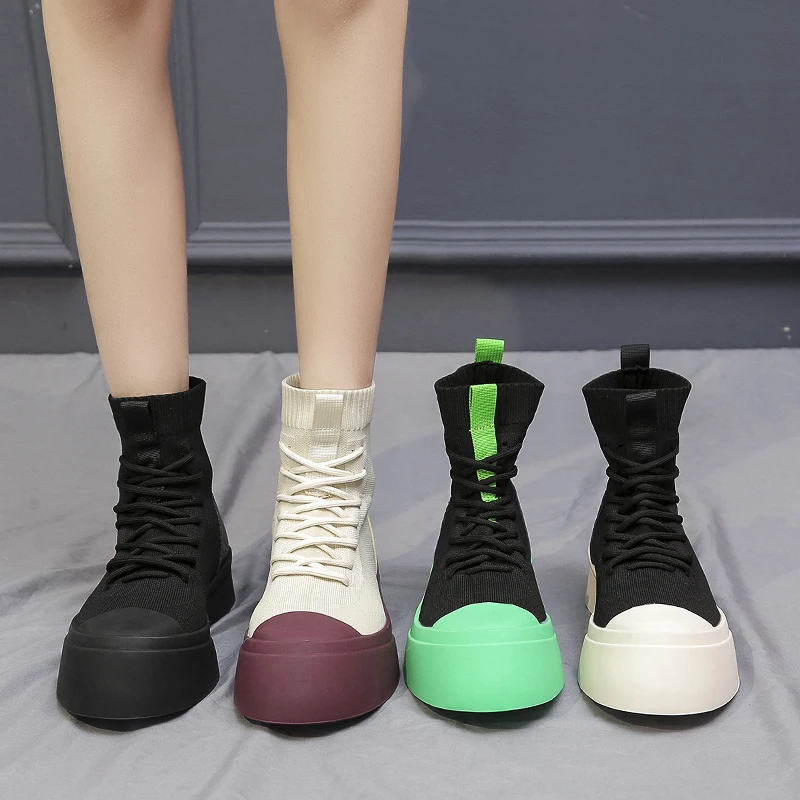 

Designer Platform Stretch Boots Knitting 2021 New Mujer Sport Vulcanized Shoes Fashion Mid Heels Winter Lace-up Ankle Boots Lady