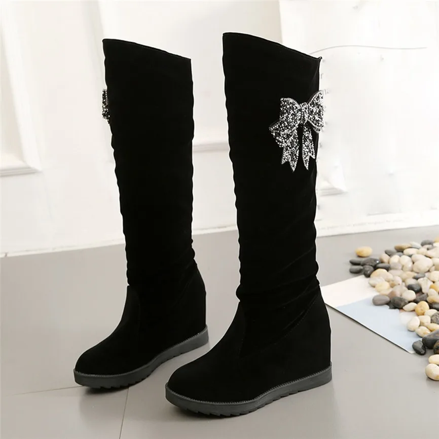 Женские сапоги эластичные до колена обувь на танкетке средней высоты черные