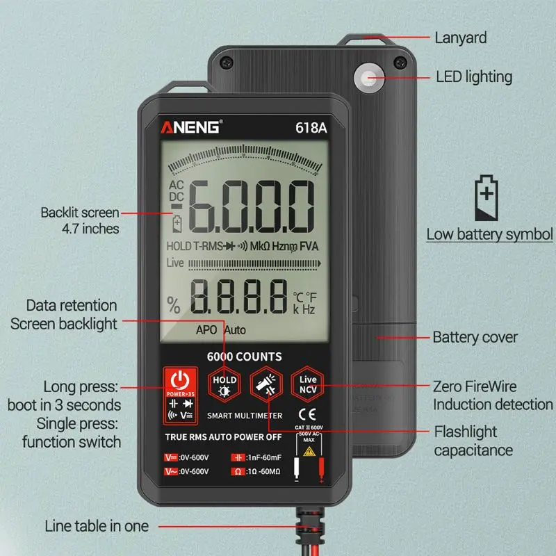 

LCD Smart-Touch Digital Multimeter DC/AC Analog Tester True RMS Transistor Capacitor Temperature Ohm NCV Resistance Tester Meter