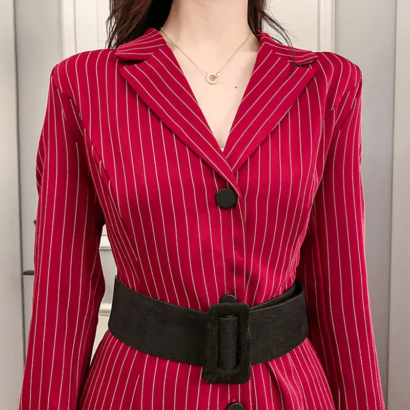 REALEFT винтажные Женские полосатые рубашки платья с высокой талией длинным рукавом