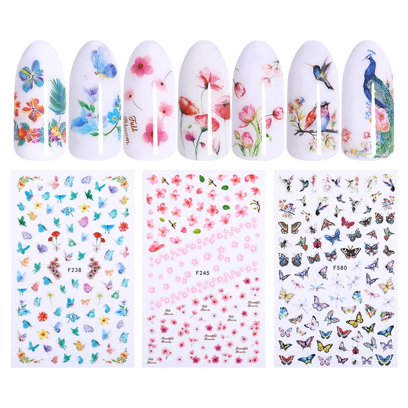 Красочные Водные Наклейки для ногтей цветок бабочка Павлин тропическая идея