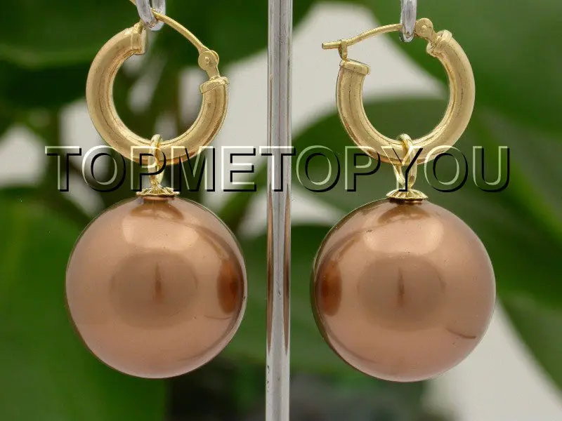 &gt Подлинная AAA Висячие большие 20 мм кофе круглые морские жемчужные серьги 14 к