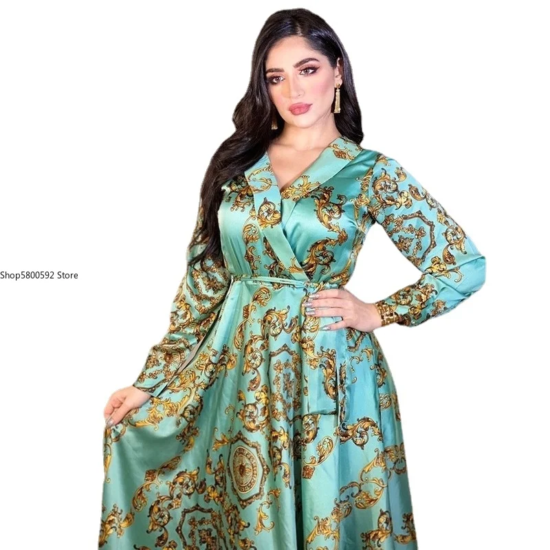 

Ethnic Print Maxi Dresses Fall 2021 Imitation Silk Satin Abaya Middle Eastern Turkey Arabic Oman Muslim Women Clothes
