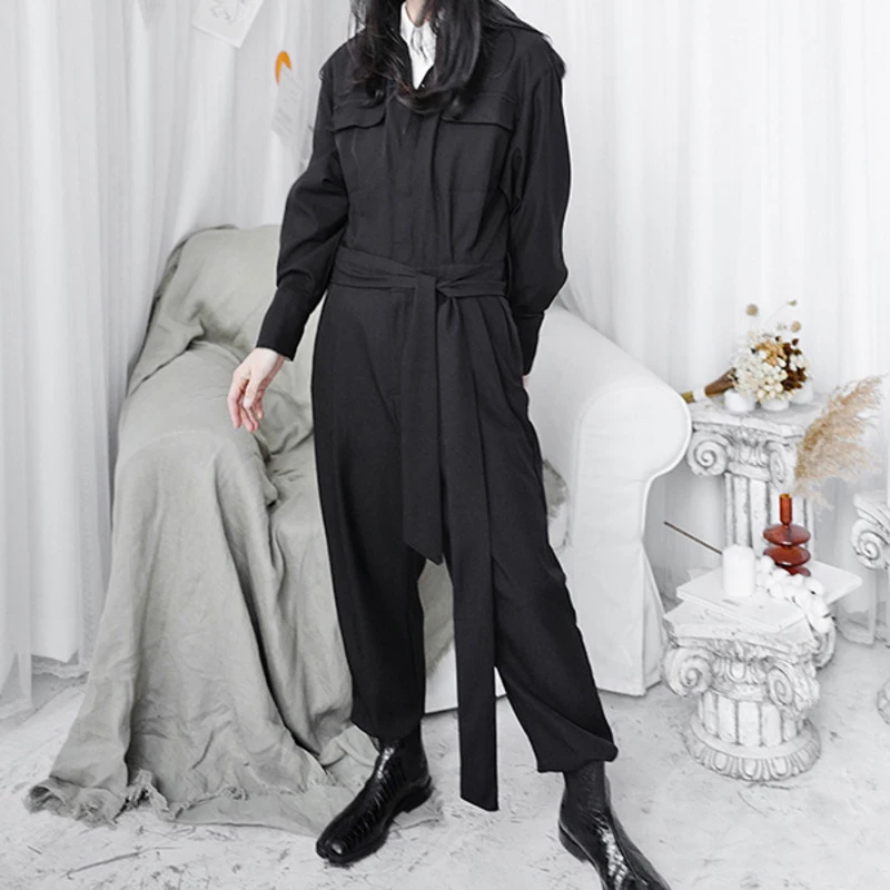 

[EAM] Loose Fit Women Bandage Long Belt Black Jumpsuit New High Waist Pocket Stitch Pants Fashion Spring Autumn 2021 1DD5028