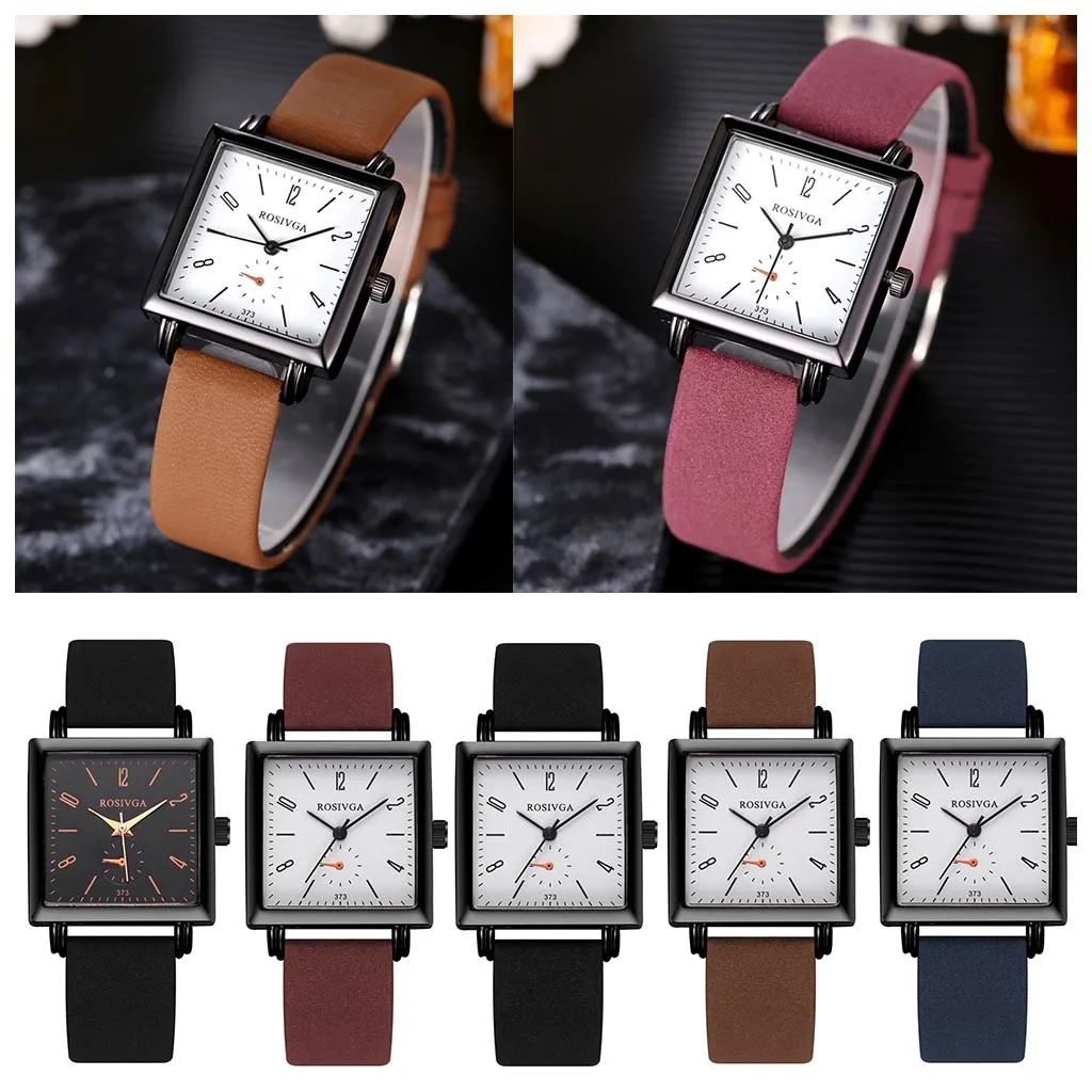 Модные квадратные женские часы повседневные с кожаным ремнем простой черный