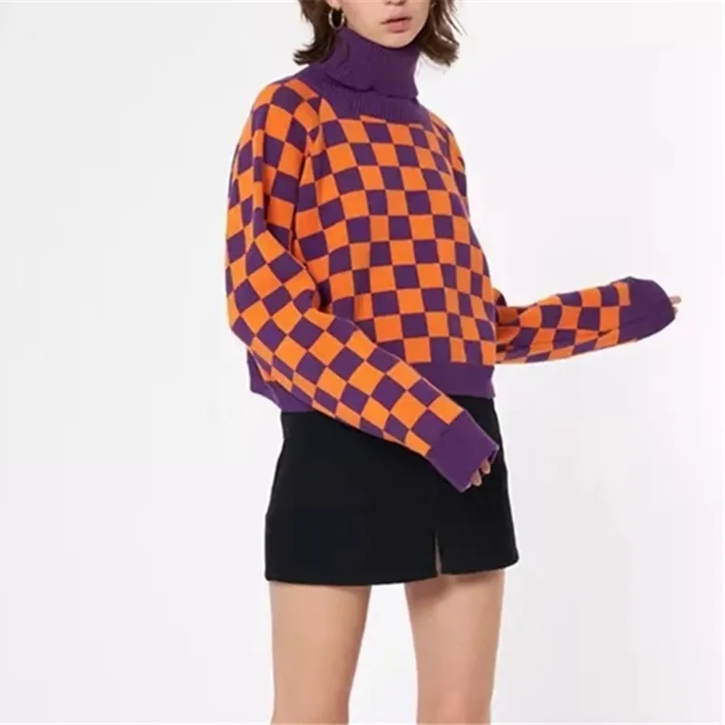 Винтажный клетчатый свитер контрастных цветов с воротником хомут женские