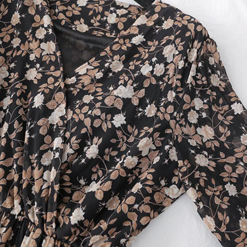 

Women Print Chiffon Dress 2021 Spring Summer Vintage Female Casual Flare Sleeve Floral Dresses Elastic Waist Ruffled Long Dress