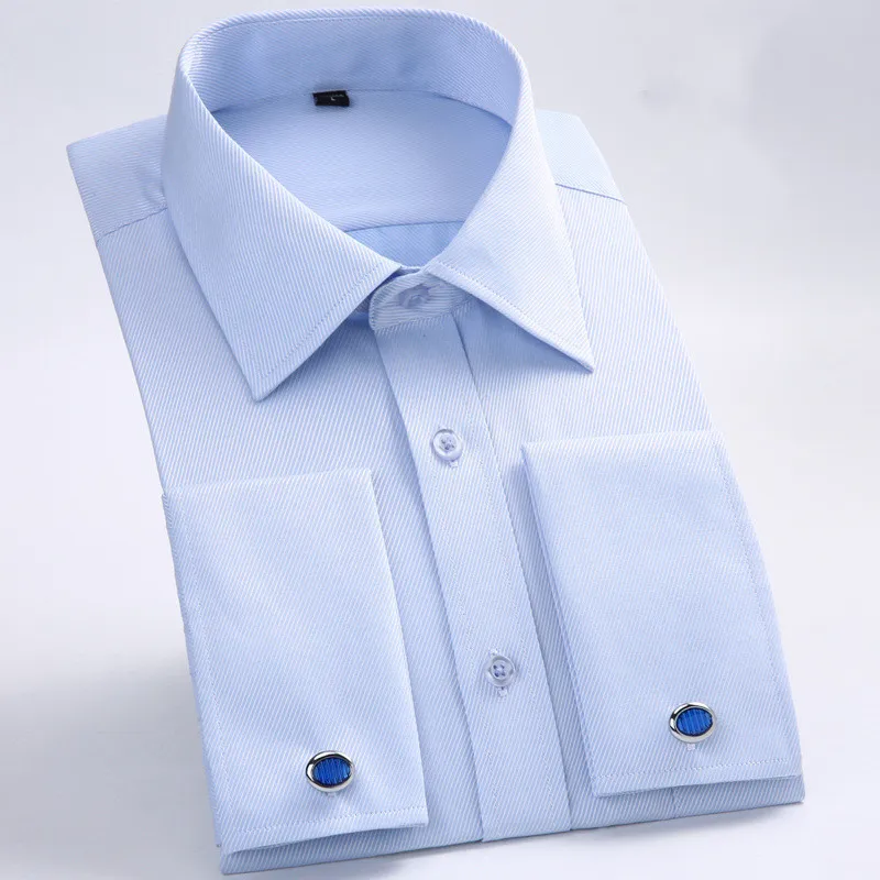 M~6XL Men's Classic French Striped Dress Shirt Single Placket Formal Business Standard-fit Long Sleeve Office Work White Shirts