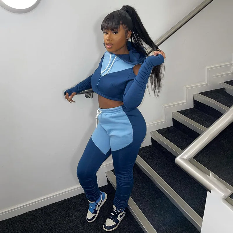 

2021 Autumn Women Sport Long Sleeve Hooded Hoodies Drawstring Crop Top Pants two Pieces Sets Sweatpants Tracksuit Y2K