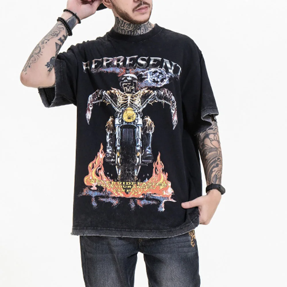 

2021 Summer Western Style T-shirt Summer Temperament Loose Casual Hipster Designer Printing Round Neck Summer