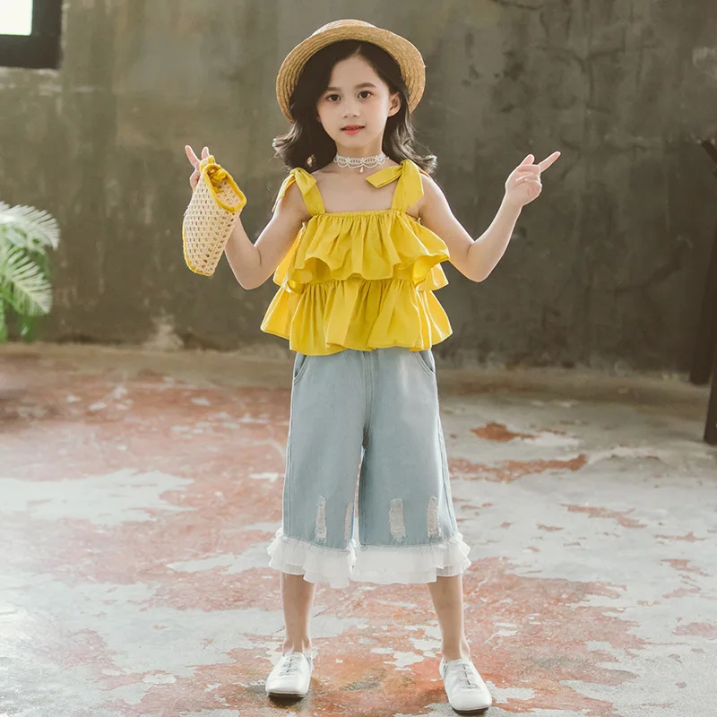 

Girls Clothing Kids clothes Summer Sleeveless Halter Shirt + Denim Lace Wide Leg Pants Two Sets Comfortable Breathable Clothing