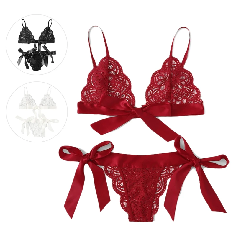 

Red Women Underwear Plus Size Ladies Sexy Lace Halter Backless Bra Thong Sleepwear Lingerie Set A-C Cup Bralette Push Up Bustier