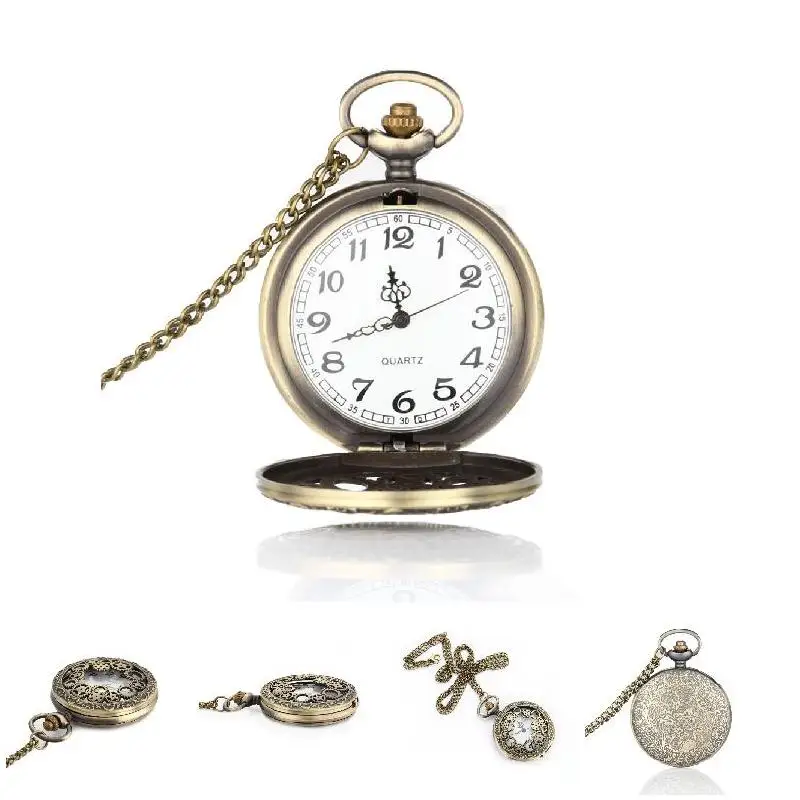 

Retro Design Hollow Gear Fob Watch Vintage Bronze Pocket Watch Necklace Chain Pendant PR Sale