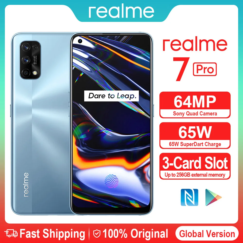 Перейти на Алиэкспресс и купить Смартфон realme 7 Pro NFC, 64 мп, 8 + 128 ГБ, Snapgragon, 720G, 65 Вт, быстрая зарядка, 4500 мА · ч