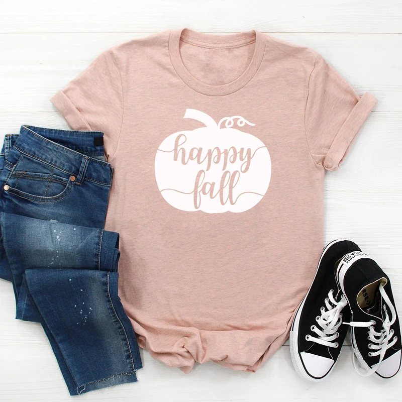 Happy Fall Pumpkin Print T-shirt Women O-Neck Graphic Funny Tees Tops Stylish Tumblr Autumn Harvest Thanksgiving T Shirt | Женская