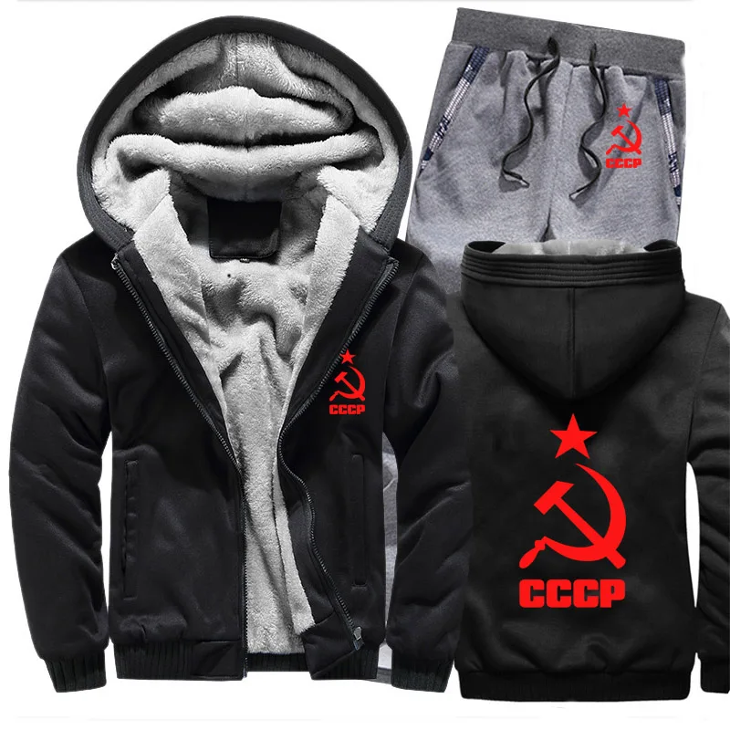 

Winter Fleece Thicken Tracksuit CCCP Russian Hoodies Men Set Casual Warm USSR Soviet Union Sweatshirts Jacket Pants 2Pcs Sets