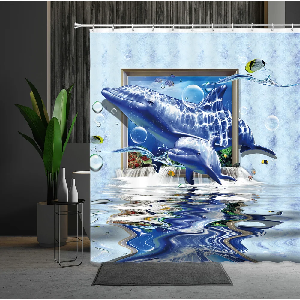 

Dolphin Shower Curtain Creative Ocean Animal Seabed Fish Scenery Pattern Cartoons Sea Surface Bird Bathroom Hanging Curtains