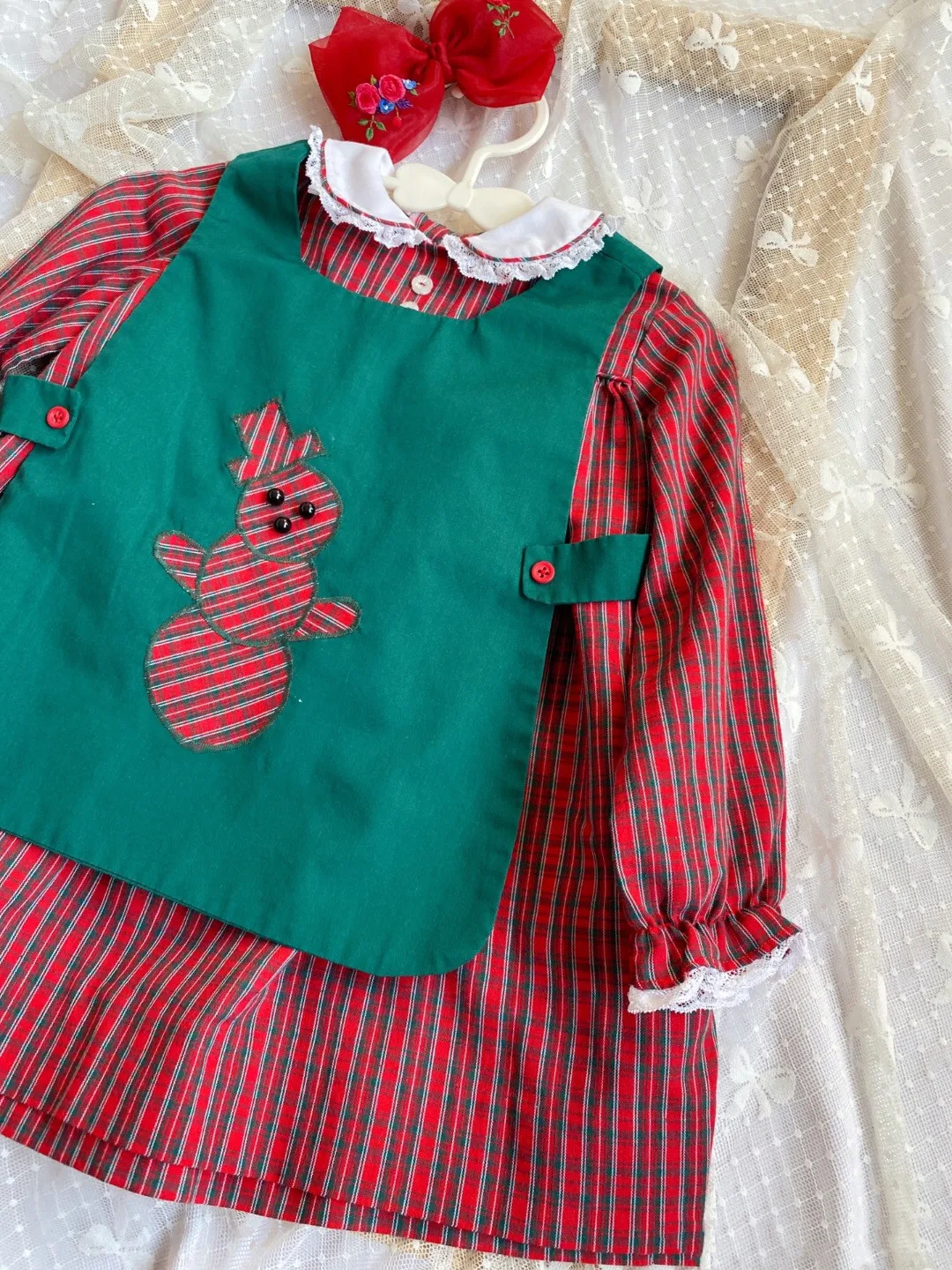 

Baby Girl Auntumn Winter Red Plaid Green Snowman Embroidery Dress for Christmas Casual