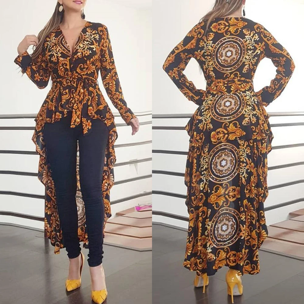 

Print Long Sleeve Hem Blouse 2021 Fall Women Elegant Blusas Boho Vintage V-Neck Long Top Female Stylish Casual Shirt