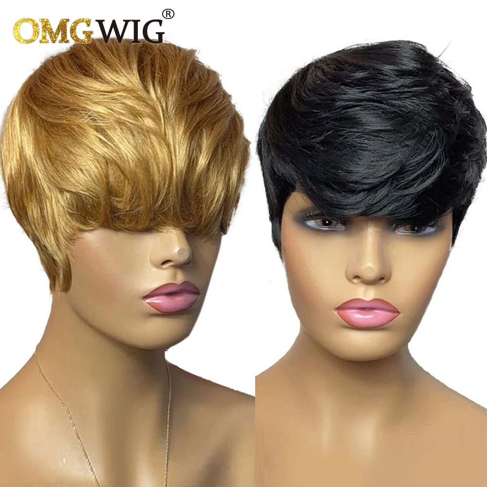 

Медовые светлые человеческие волосы, парики с челкой, полностью машинное изготовление, вырезанные короткие парики, прямые бразильские воло...