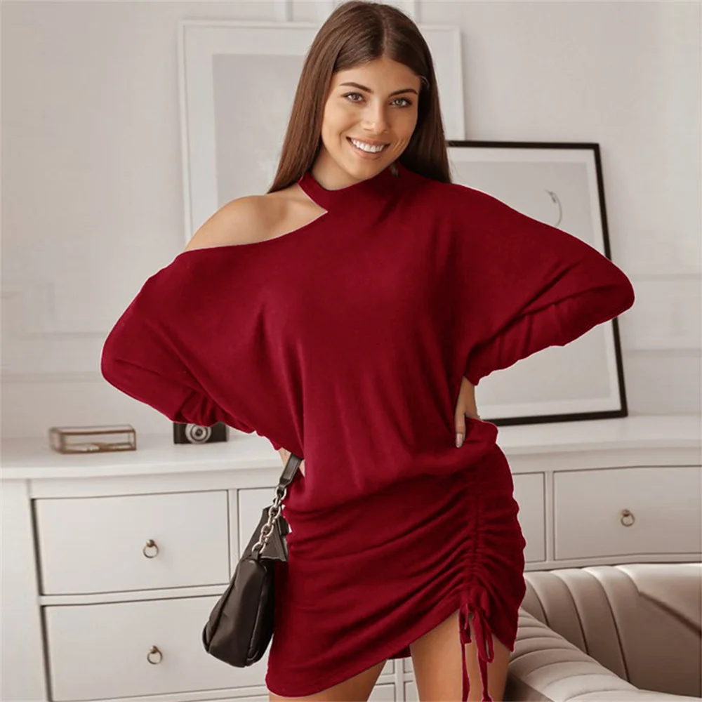 

Long Sleeve Princess Dress Solid Color Loose Drawstring Dress 2021 Autumn New Commuter Women's Off Shoulder Sexy Mid-waist Skirt