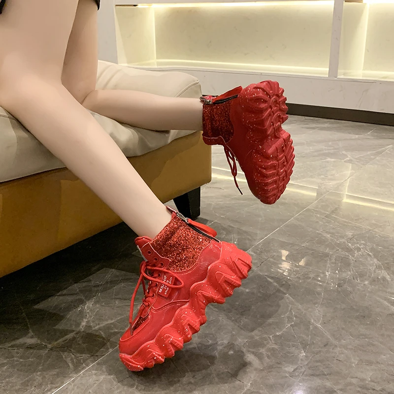 

Кроссовки женские высокие, Вулканизированная подошва, платформа, повседневная обувь, блестящие, квадратные, модные