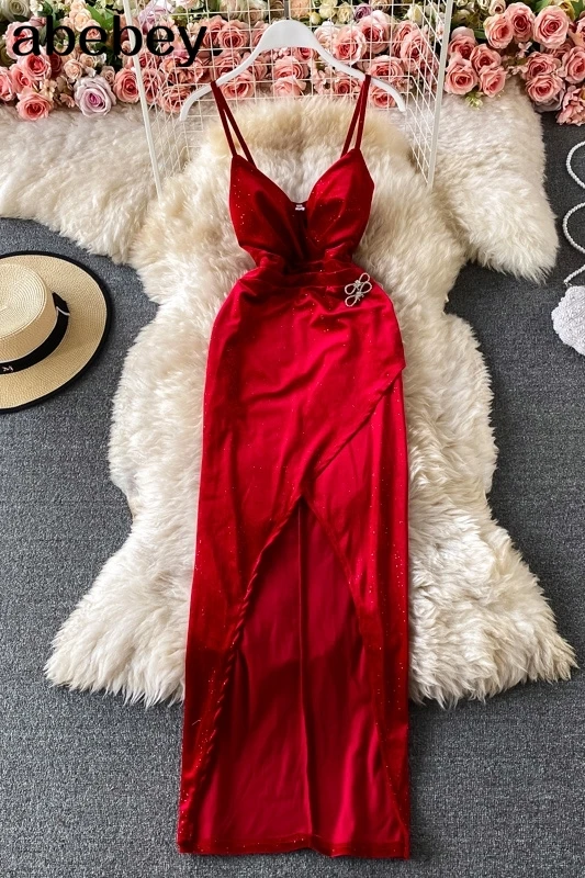 

2021 Spaghetti Strap Sleeveless Backless Strap Dresses solid Sexy Long Dress High split red Club Wear Vestidos