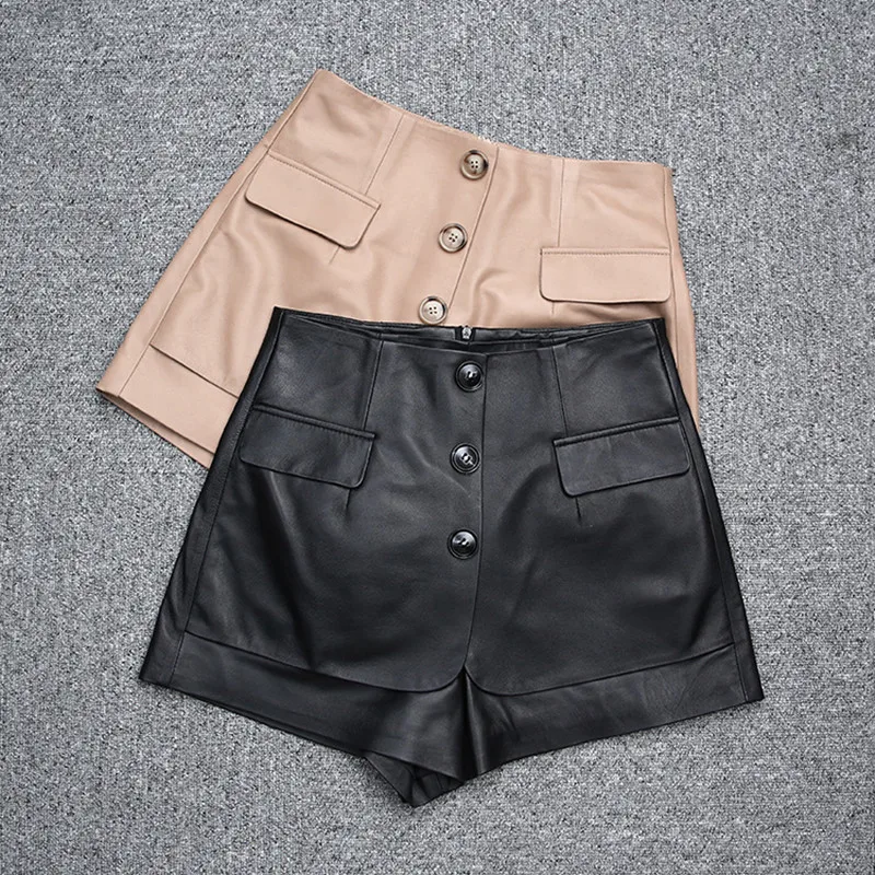 

Фабричные новые стильные женские модные повседневные шорты из натуральной овечьей кожи с пуговицами