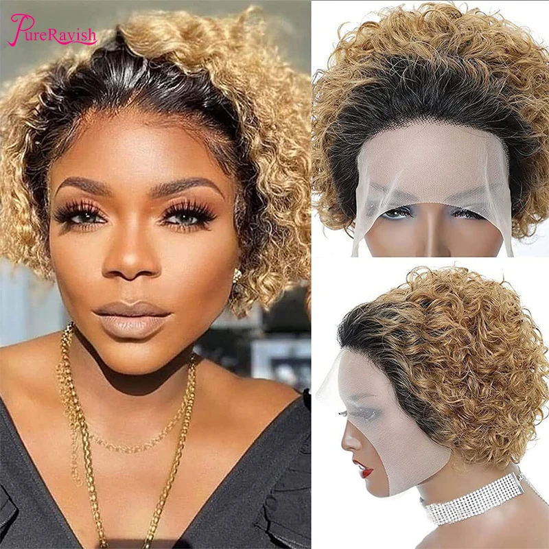 

Blonde Human Hair Wigs Kinky Curly Lace Front Ombre Short Dark Roots Bark Brown Deep Wavy 13x1 T Part Lace Wigs For Black Women