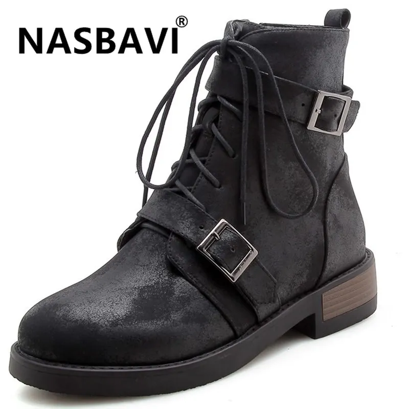 

New Women Boots Fashion Solid color Thick Mid heel Lacing Martin Boots Round Toe buckle Shoes PU Leather Winter Female boots