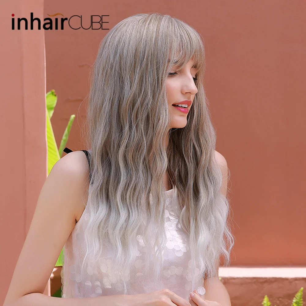 

Inhaircube Ombre Grey Synthetic Wigs Long Curly Natural Hair Women's Wig with Bangs Heat Resistant For Cosplay Daily Party Use