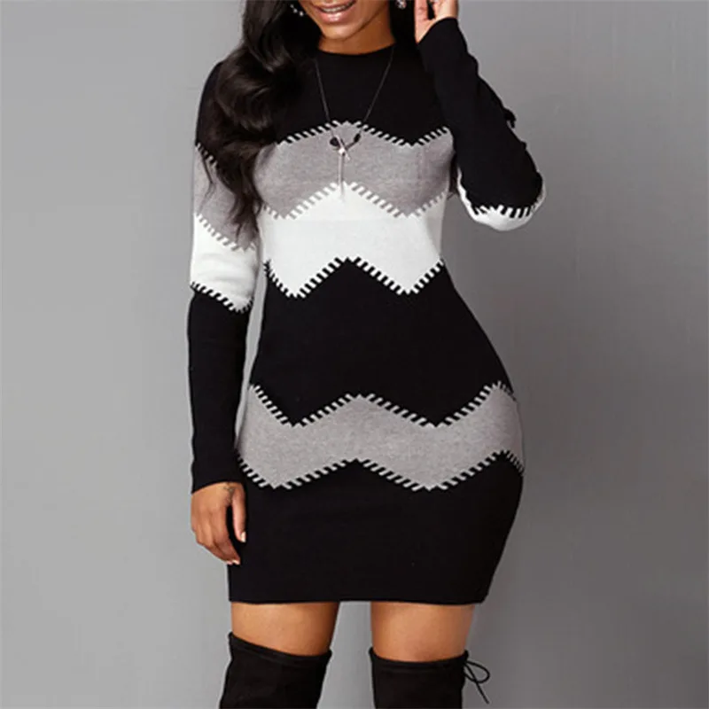 

Women Elegant Patchwork Long Sleeve Warm Dress 2021 Autumn Winter Rib Knit Sweater Dress Casual Turtleneck Pullover Mini Dresses