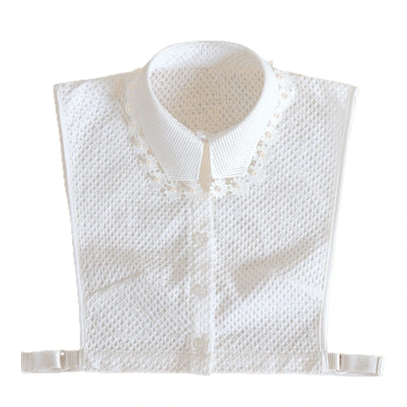 

N7MF Women Pearl Floral Embroidery Lapel False Collar Plaid White Half Shirt Dickey