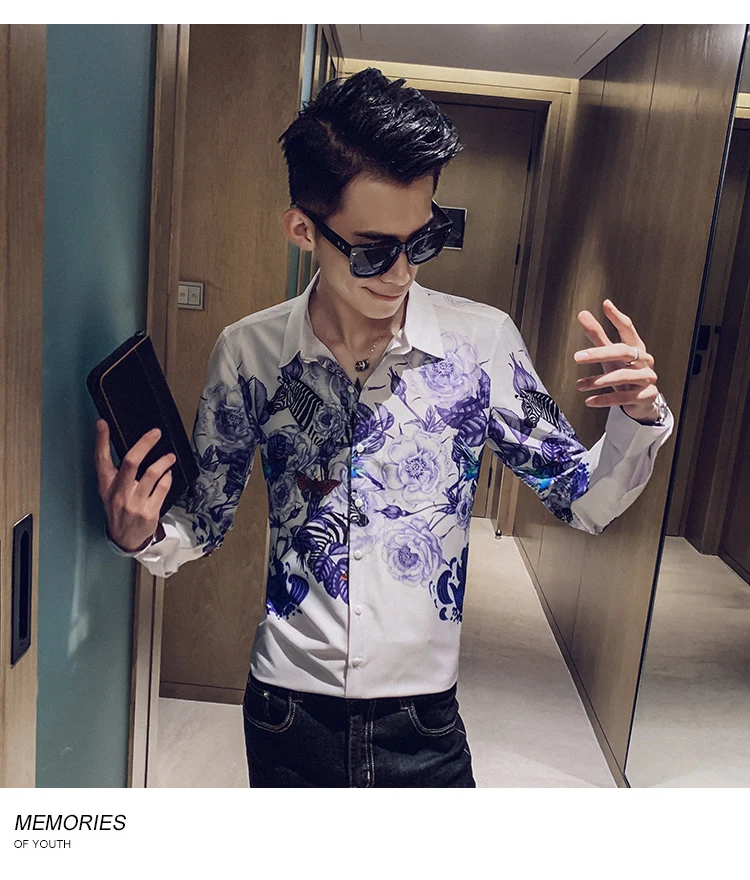 Camisa Masculina цифровой принт мужские рубашки с длинным рукавом Осень мужские рубашки с цветочным узором повседневные приталенные рубашки для ночного клуба homme 3XL