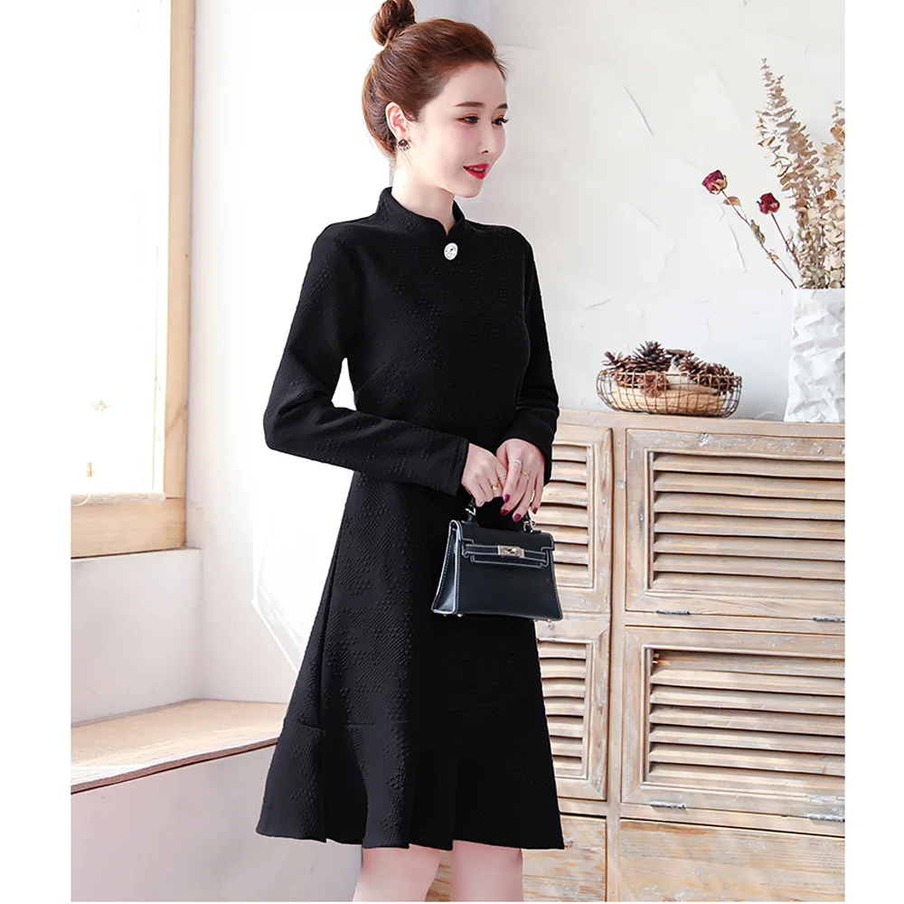 Винтажное платье Ципао китайское Новогоднее 2020 с длинным рукавом зимнее