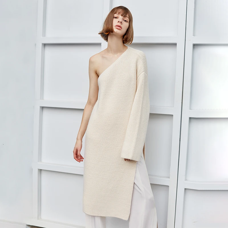 TWOTWINSYLE Casual Knitting Sweater For Female Irregular Collar Long Sleeve One Shoulder Side Split Sweaters Women Fashion Tide | Женская
