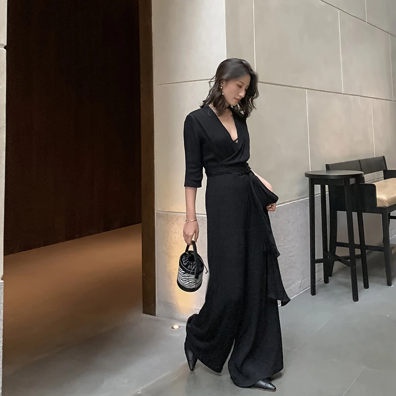 Женский комбинезон для работы и офиса модные сексуальные широкие штаны с поясом