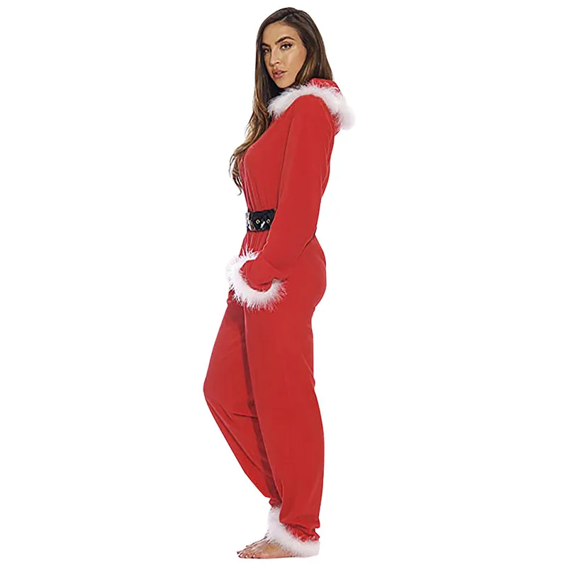 Men Women Christmas Plush Jumpsuit Santa Pajamas with Belt Adult Santa Claus Winter Warm Velvet Hooded Romper Xmas Pajamas