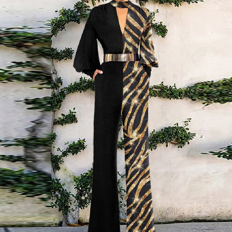 

Elegant V Neck Hollow Out Party Jumpsuit Women Fashion Lantern Long Sleeve Wide Leg Pants Romper Sexy Glitter Patchwork Playsuit