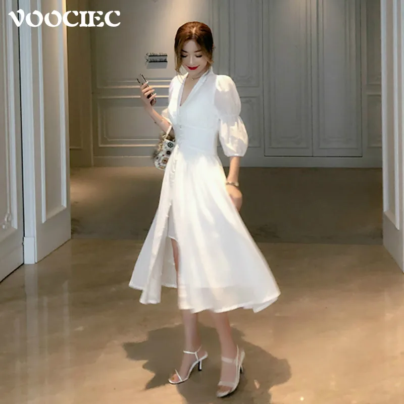 

VOOCIEC Autumn Elegant Dress Women White Party Split Fairy Dress Office Lady Puff Sleeve Designer Korean Sexy V-neck Slim Dress