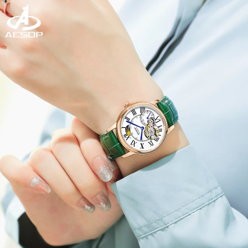 AESOP Automatic Mechanical Skeleton Watch Women Luxury Genuine Leather Sapphire Woman Wristwatch Female Clock Relogio Feminino