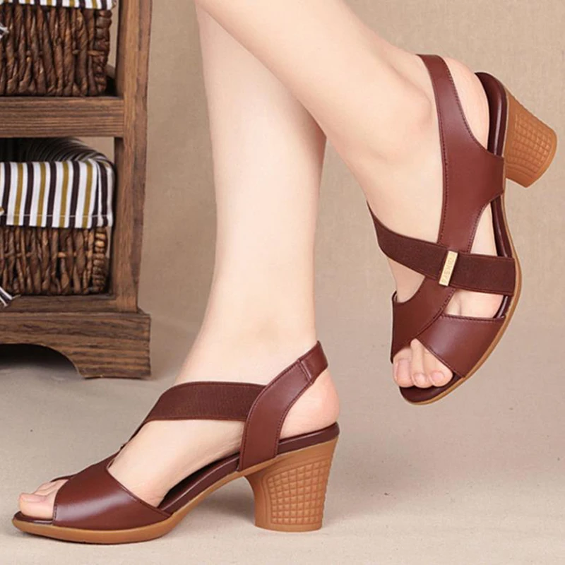 

Summer New Leather Women Sandals High Heels Shoes Sexy Peep Toe Sandals Plus Size Color Patchwork Pumps Shoes Zapatos De Mujer