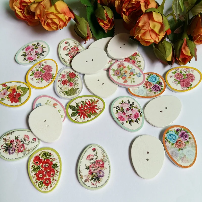 100 штук яичная с цветочным принтом оптом смешанные деревянными пуговицами для