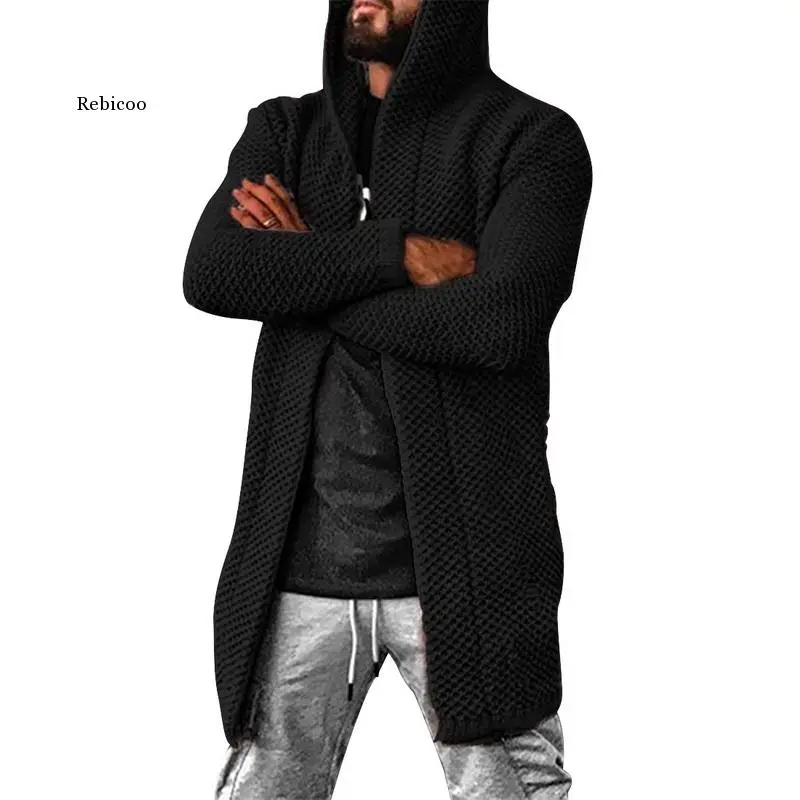 

New Fashion Male Long Sweaters Men Solid Cardigan Sweaters Long Casual Knit Coat Fashion Men's Cardigan Hooded Sweaters