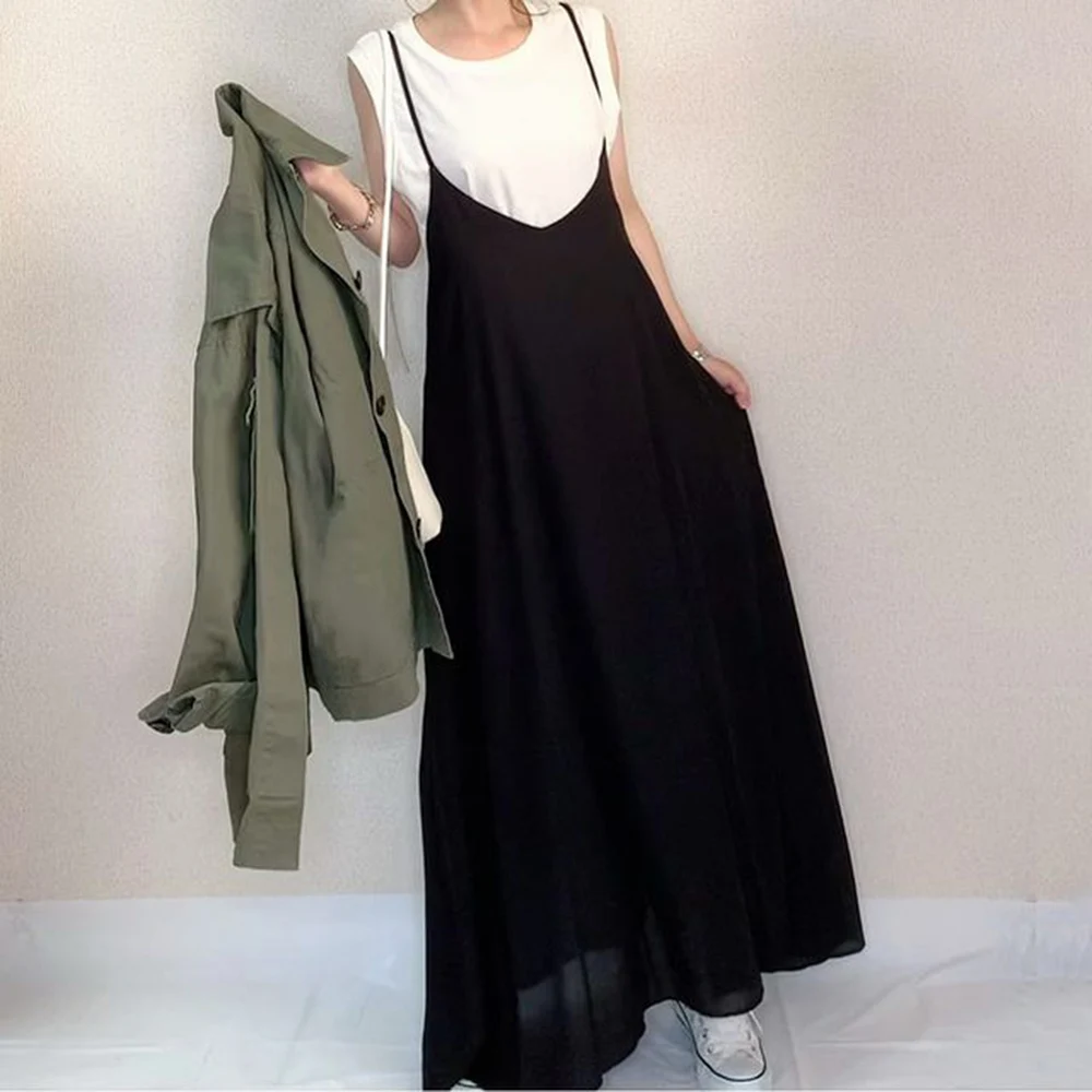 

summer A-Line spaghetti strap dress black korean japan new plain female vestiods robe casual chic femme oversize dresses