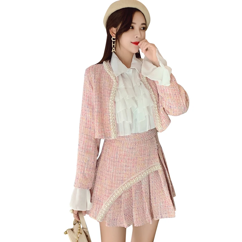 Женский твидовый комплект из 3 предметов короткое пальто с жемчужными бусинами и