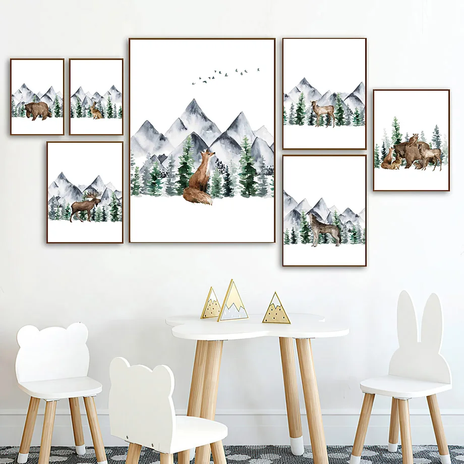 

Watercolor Rabbit Elk Wolf Bear Weasel Pines Wall Art Canvas Painting Nordic Posters And Prints Wall Pictures Kids Room Decor